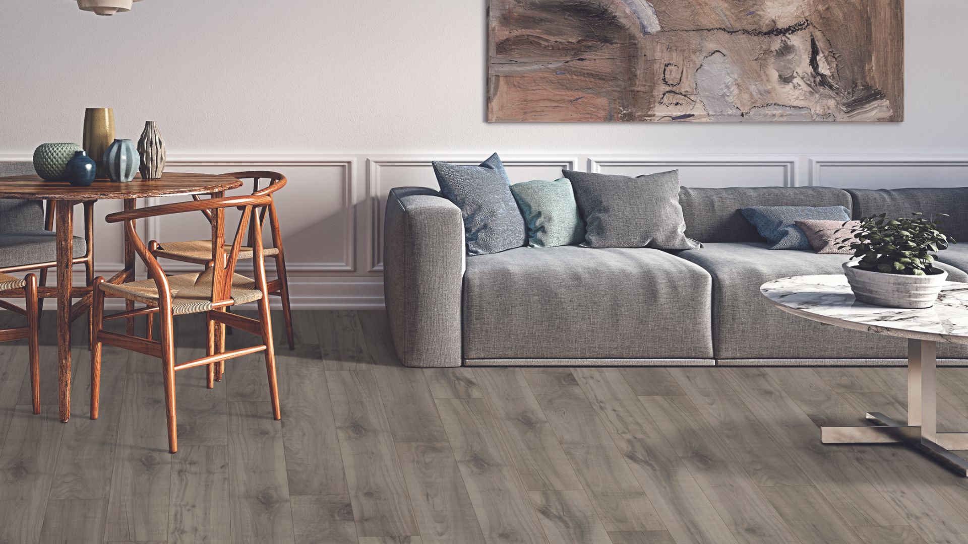 Laminate wood flooring in a living room.